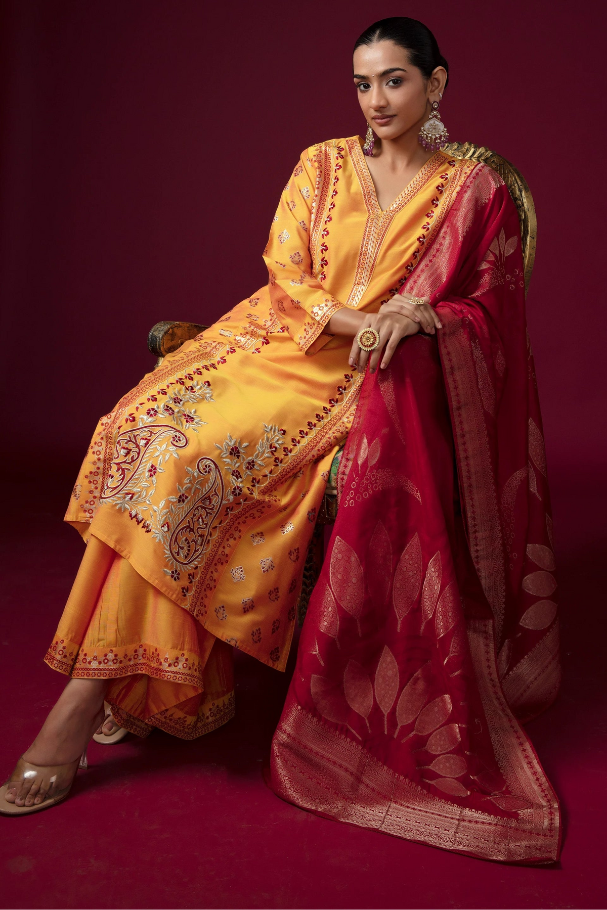 Women Mustard Cotton Embroidered Straight Fit Ethnic Suit Set