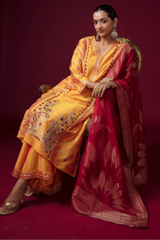 Women Mustard Cotton Embroidered Straight Fit Ethnic Suit Set