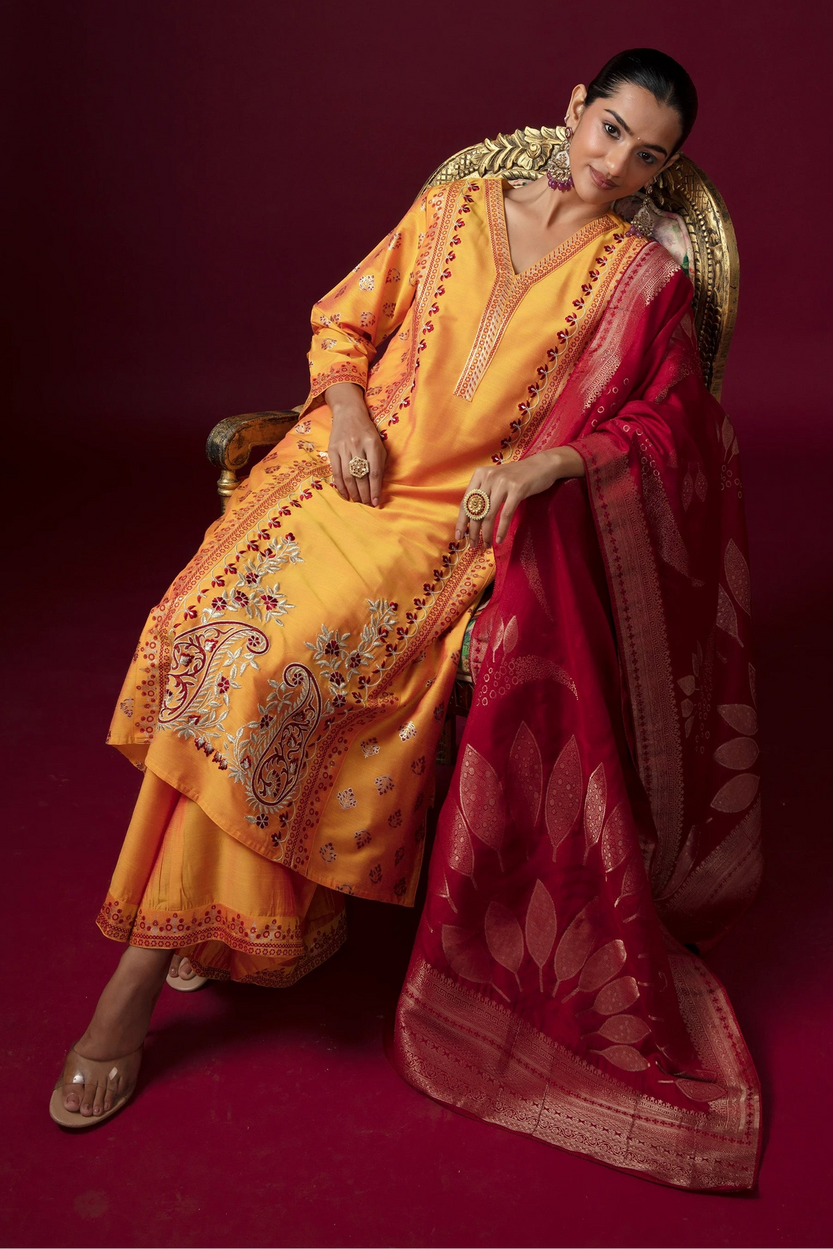 Women Mustard Cotton Embroidered Straight Fit Ethnic Suit Set