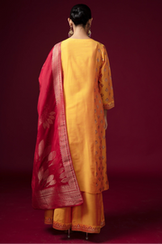 Women Mustard Cotton Embroidered Straight Fit Ethnic Suit Set