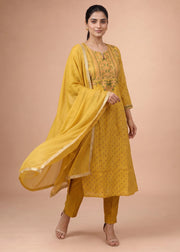 Women Mustard Embroidered A-Line Ethnic Suit Set