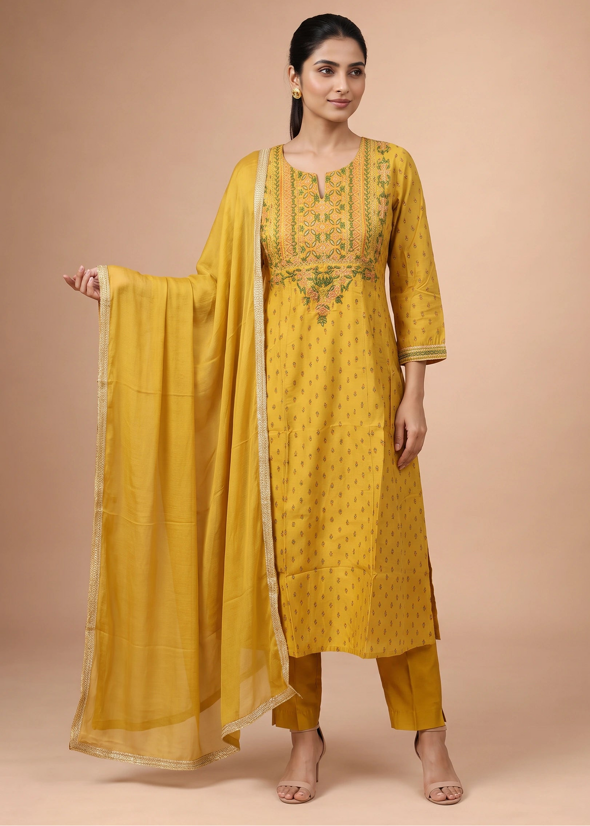 Women Mustard Embroidered A-Line Ethnic Suit Set