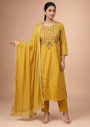 Women Mustard Embroidered A-Line Ethnic Suit Set