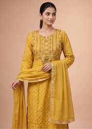 Women Mustard Embroidered A-Line Ethnic Suit Set