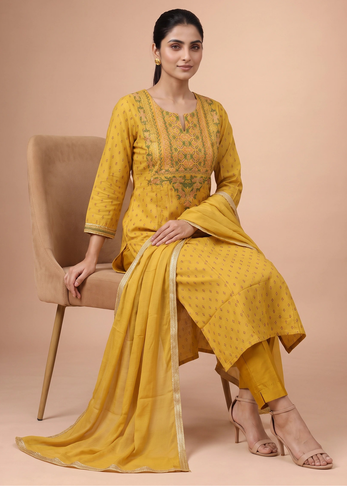 Women Mustard Embroidered A-Line Ethnic Suit Set
