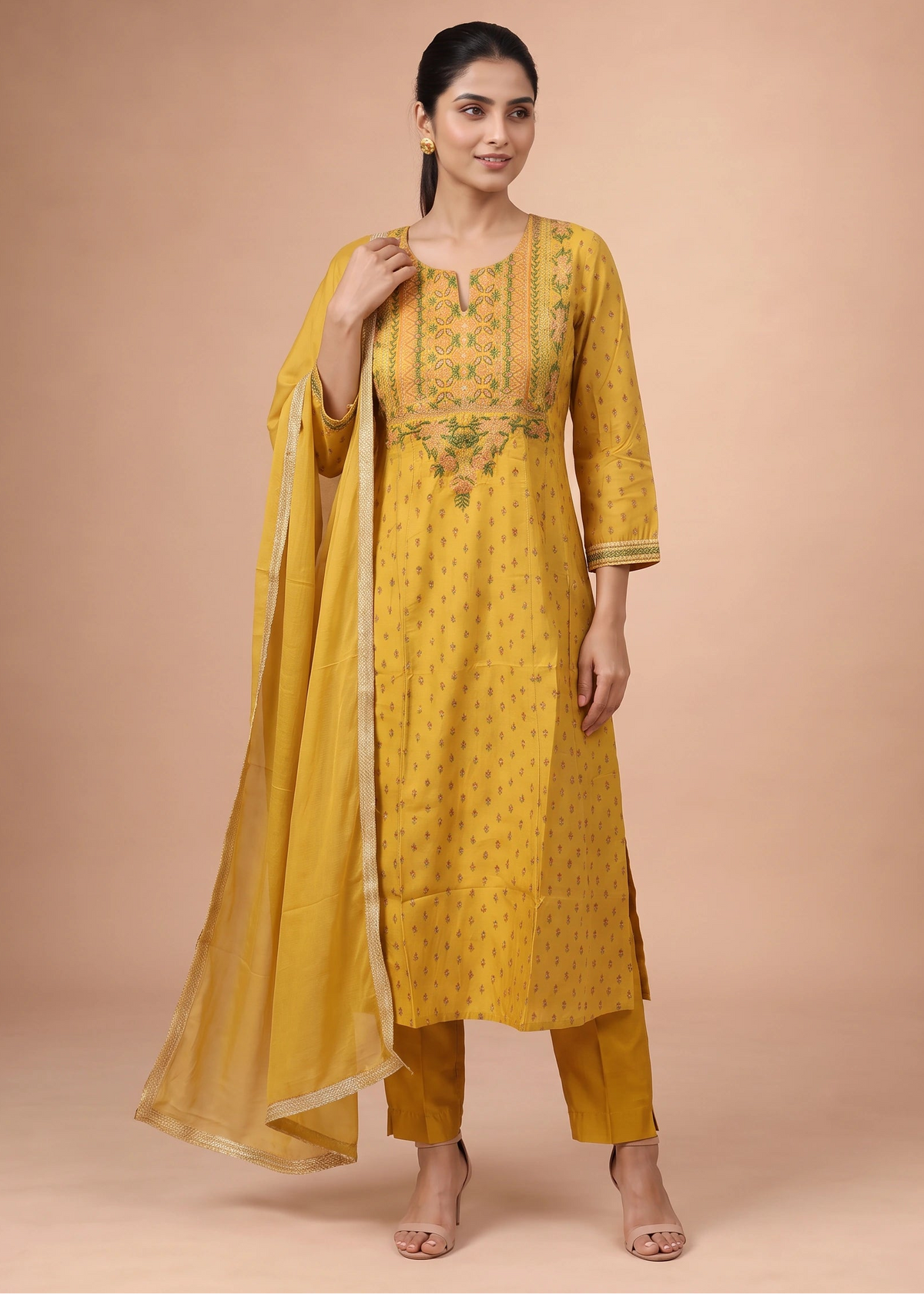 Women Mustard Embroidered A-Line Ethnic Suit Set