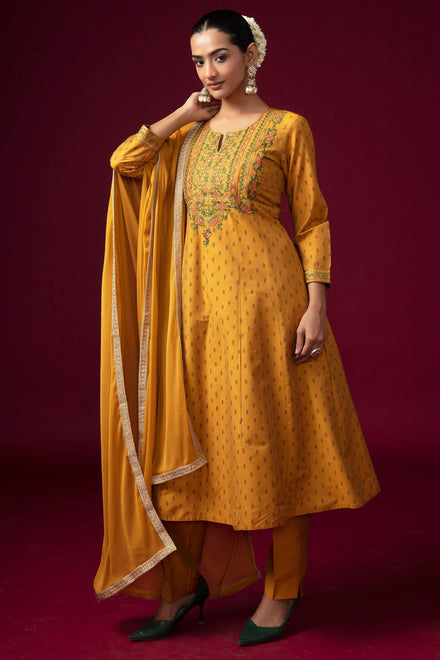 Women Mustard Embroidered A-Line Ethnic Suit Set