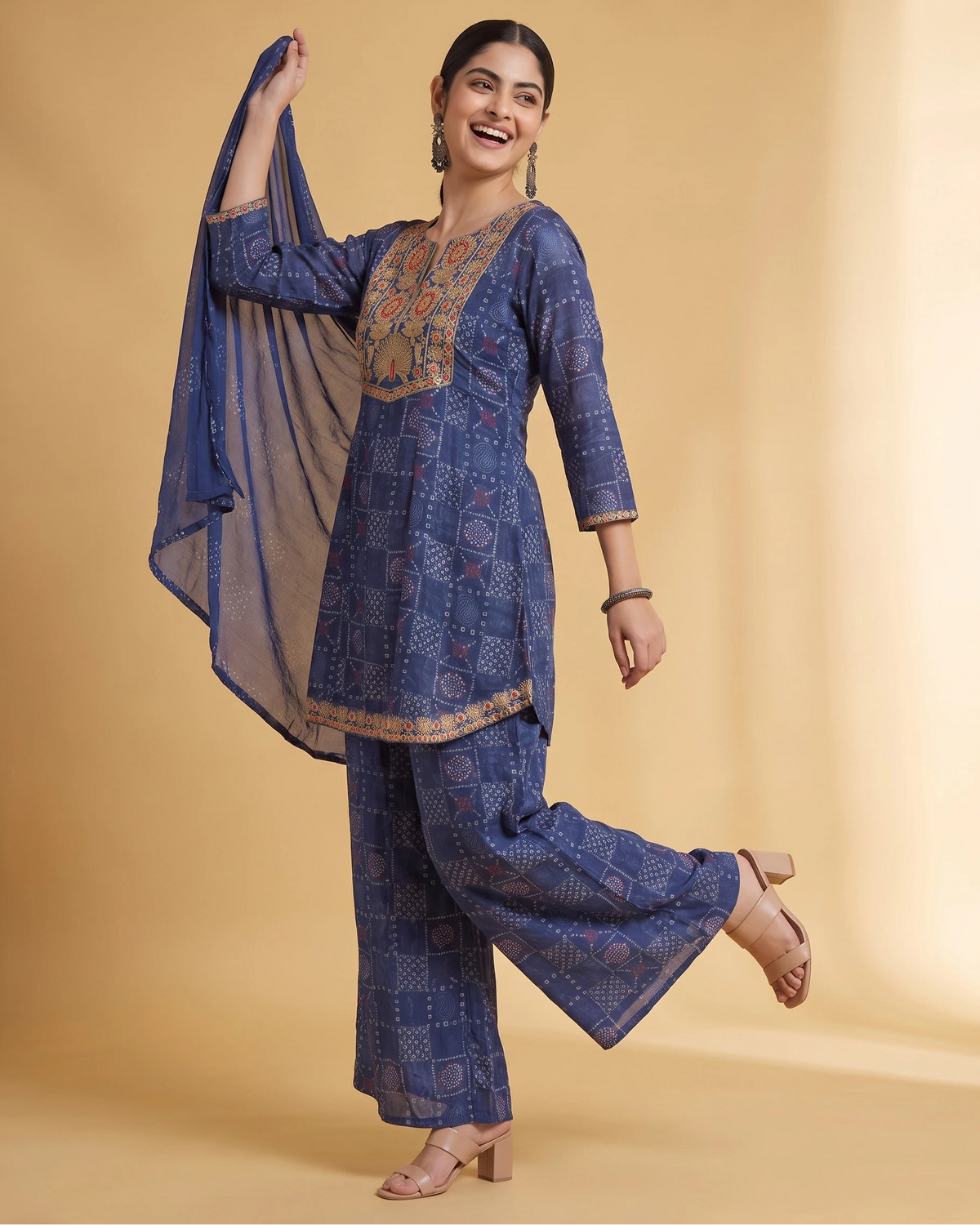 Women Navy Blue Embroidered Straight Fit Ethnic Suit Set