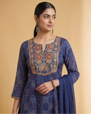 Women Navy Blue Embroidered Straight Fit Ethnic Suit Set