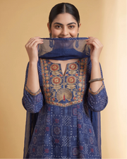 Women Navy Blue Embroidered Straight Fit Ethnic Suit Set
