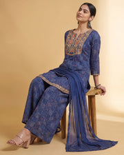 Women Navy Blue Embroidered Straight Fit Ethnic Suit Set