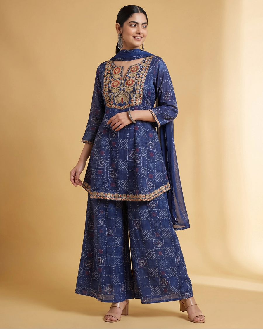 Women Navy Blue Embroidered Straight Fit Ethnic Suit Set