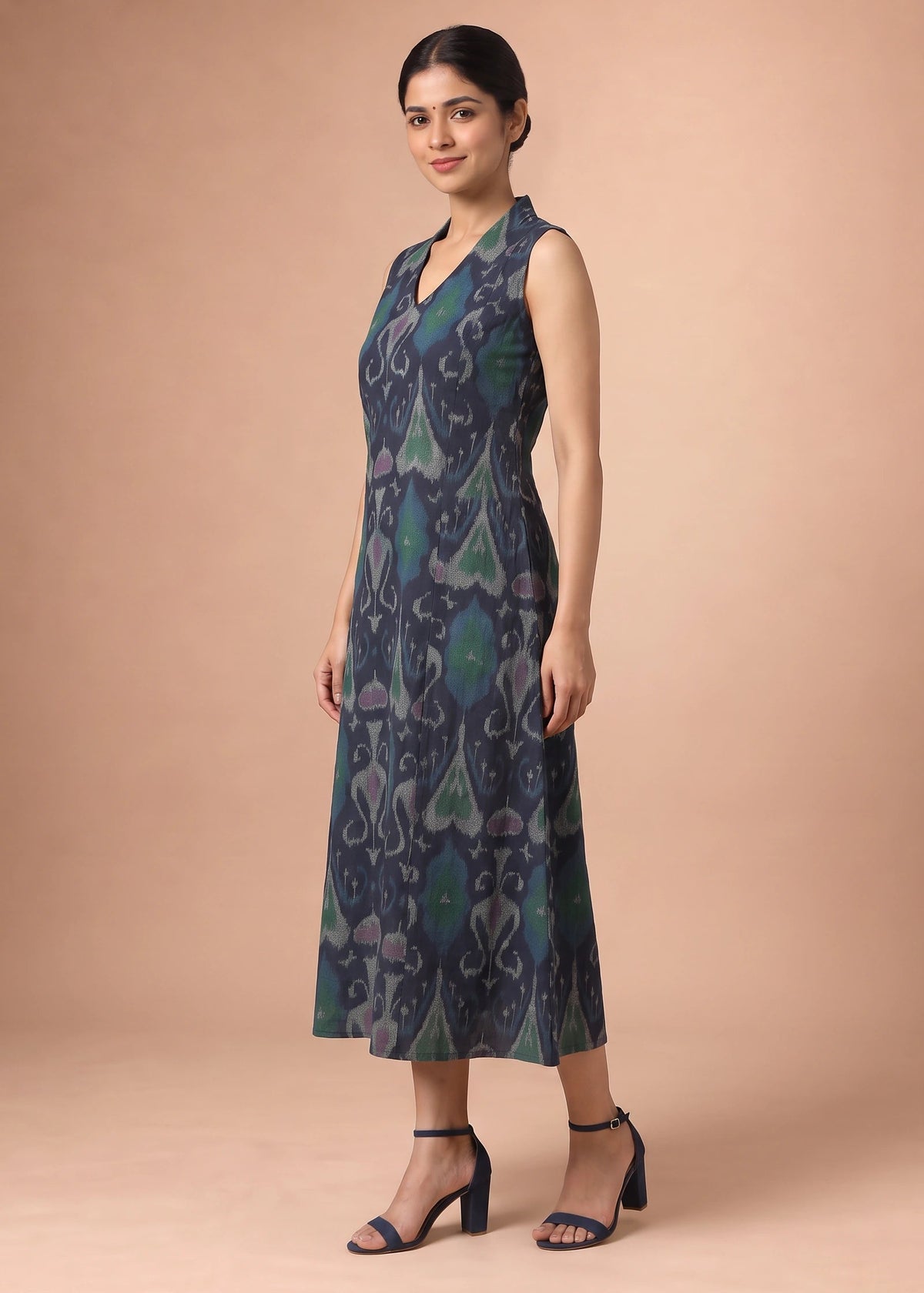 Women Navy Blue Printed Cotton A-Line Kurta