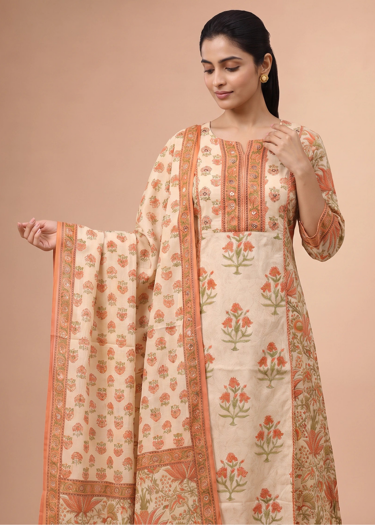 Women Off White & Rust Embroidered Cotton A-Line Ethnic Suit Set