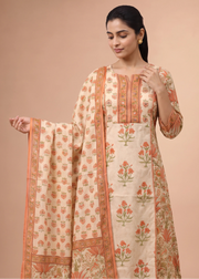 Women Off White & Rust Embroidered Cotton A-Line Ethnic Suit Set