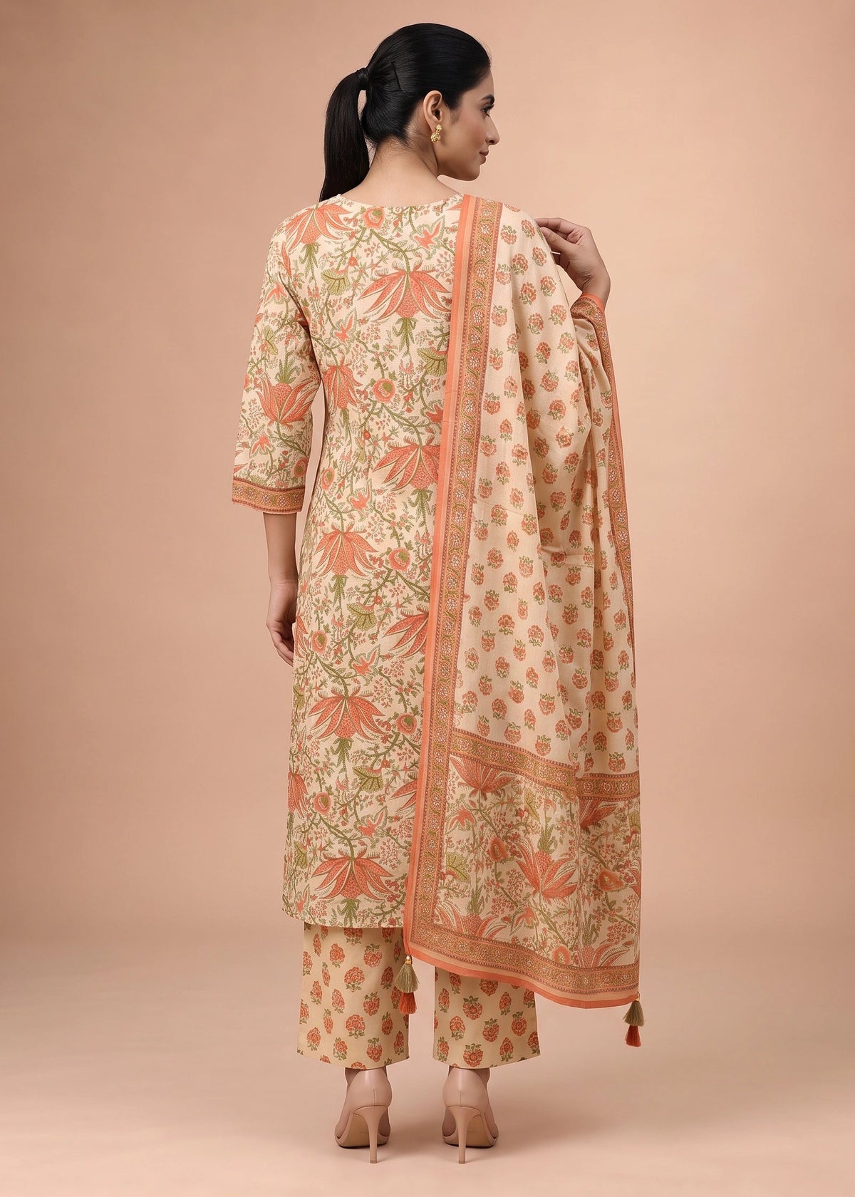 Women Off White & Rust Embroidered Cotton A-Line Ethnic Suit Set