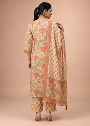 Women Off White & Rust Embroidered Cotton A-Line Ethnic Suit Set