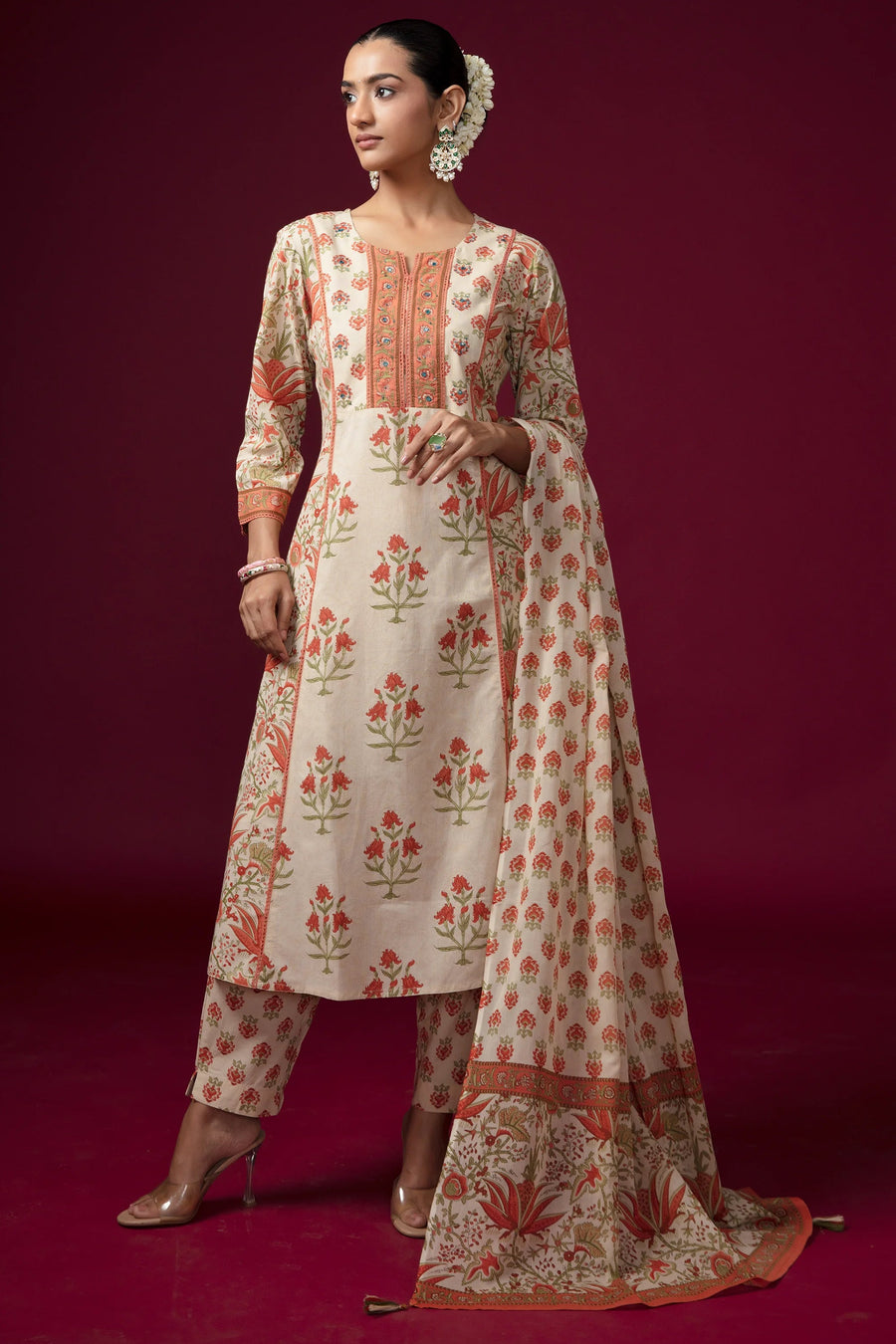 Women Off White & Rust Embroidered Cotton A-Line Ethnic Suit Set