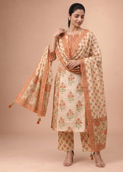 Women Off White & Rust Embroidered Cotton A-Line Ethnic Suit Set