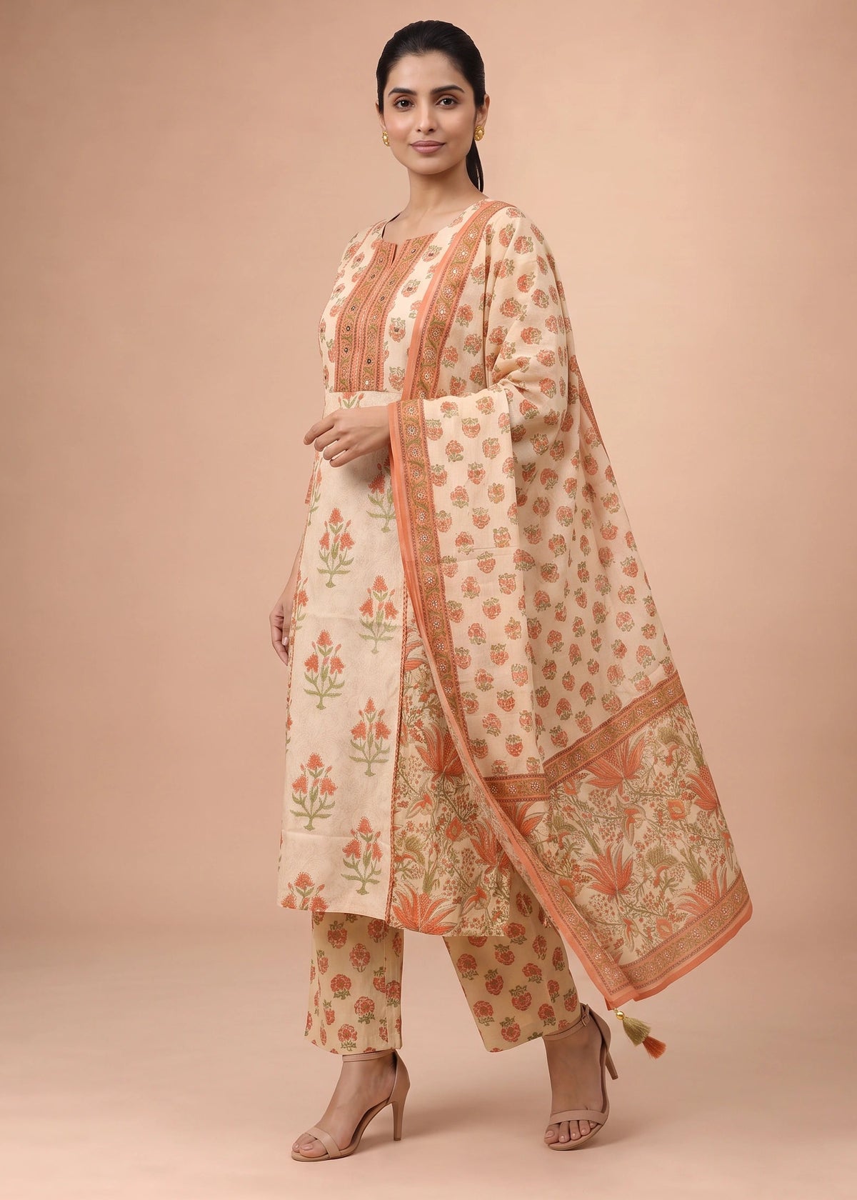 Women Off White & Rust Embroidered Cotton A-Line Ethnic Suit Set