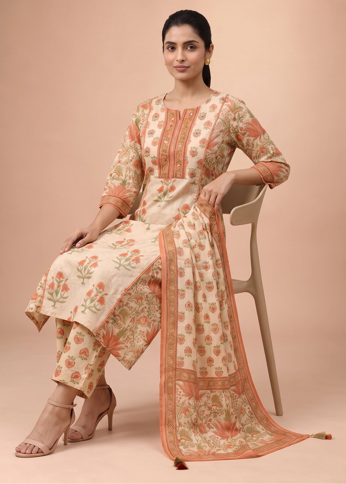 Women Off White & Rust Embroidered Cotton A-Line Ethnic Suit Set