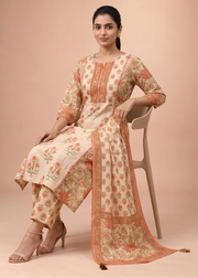 Women Off White & Rust Embroidered Cotton A-Line Ethnic Suit Set