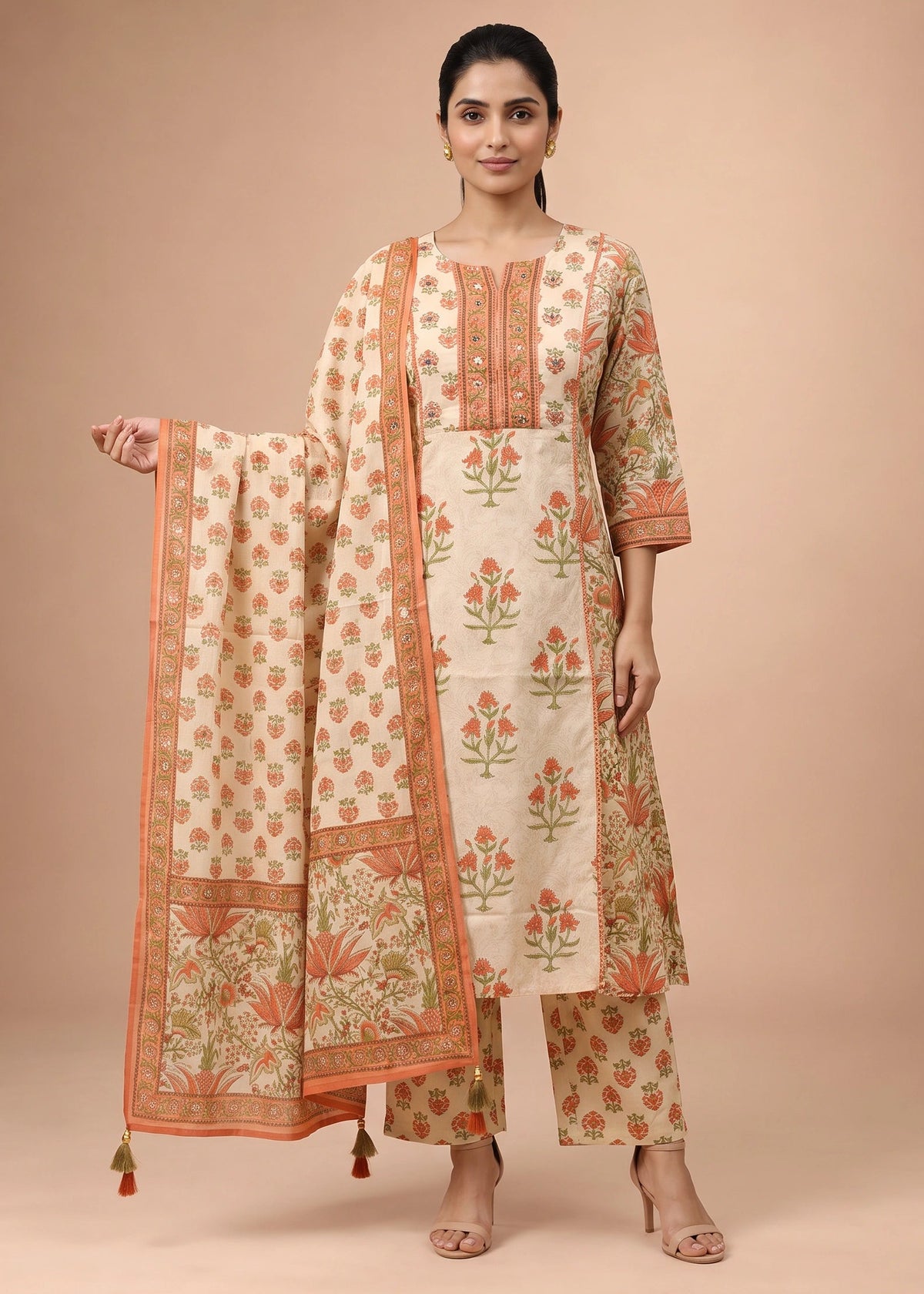 Women Off White & Rust Embroidered Cotton A-Line Ethnic Suit Set
