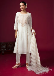 Women Off White Embroidered Straight Fit Ethnic Suit Set