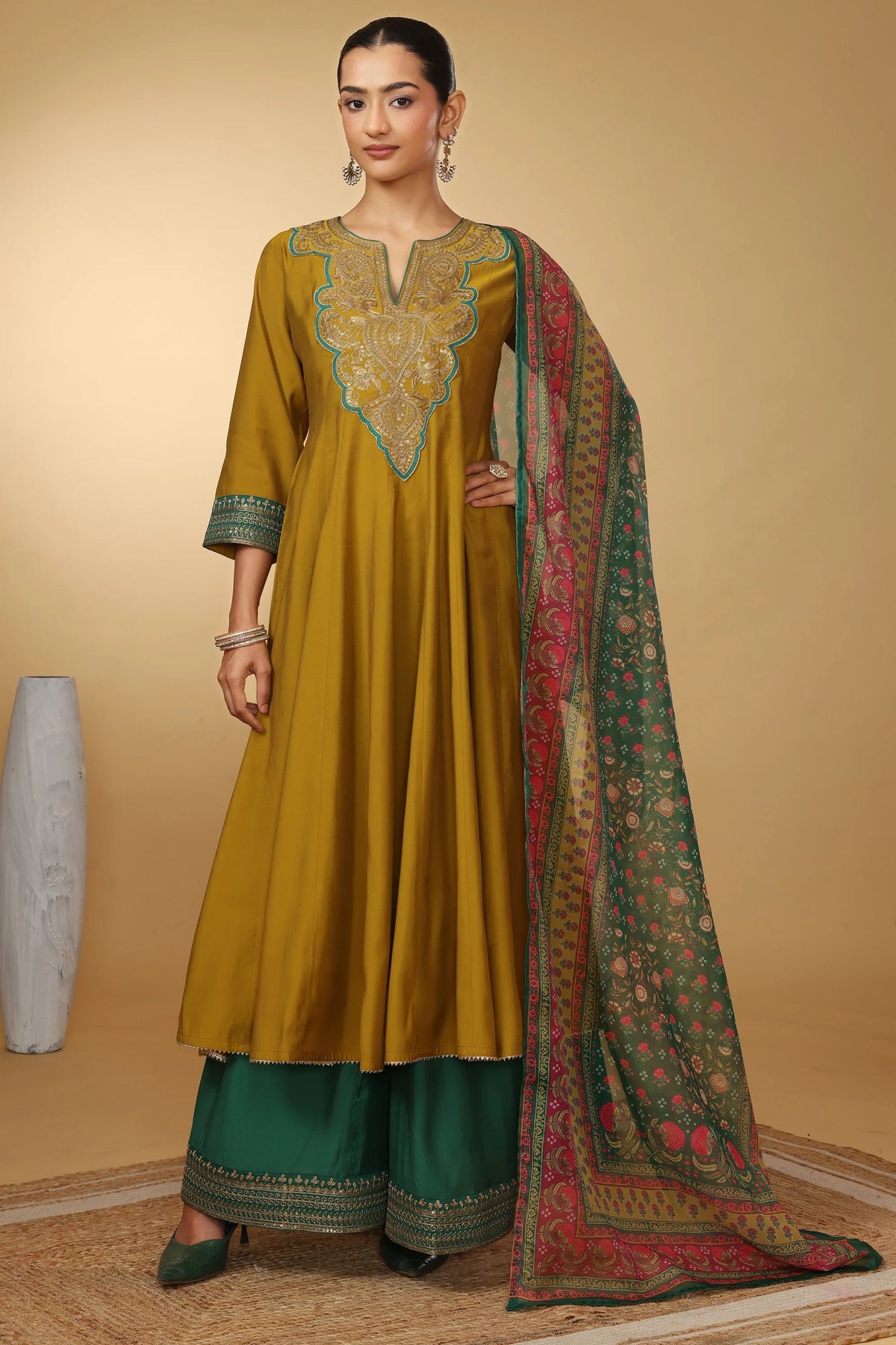 Women Olive Green Embroidered Flared Ethnic Suit Set