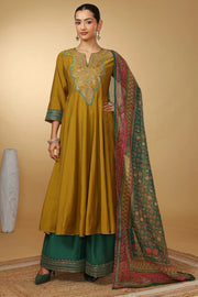 Women Olive Green Embroidered Flared Ethnic Suit Set