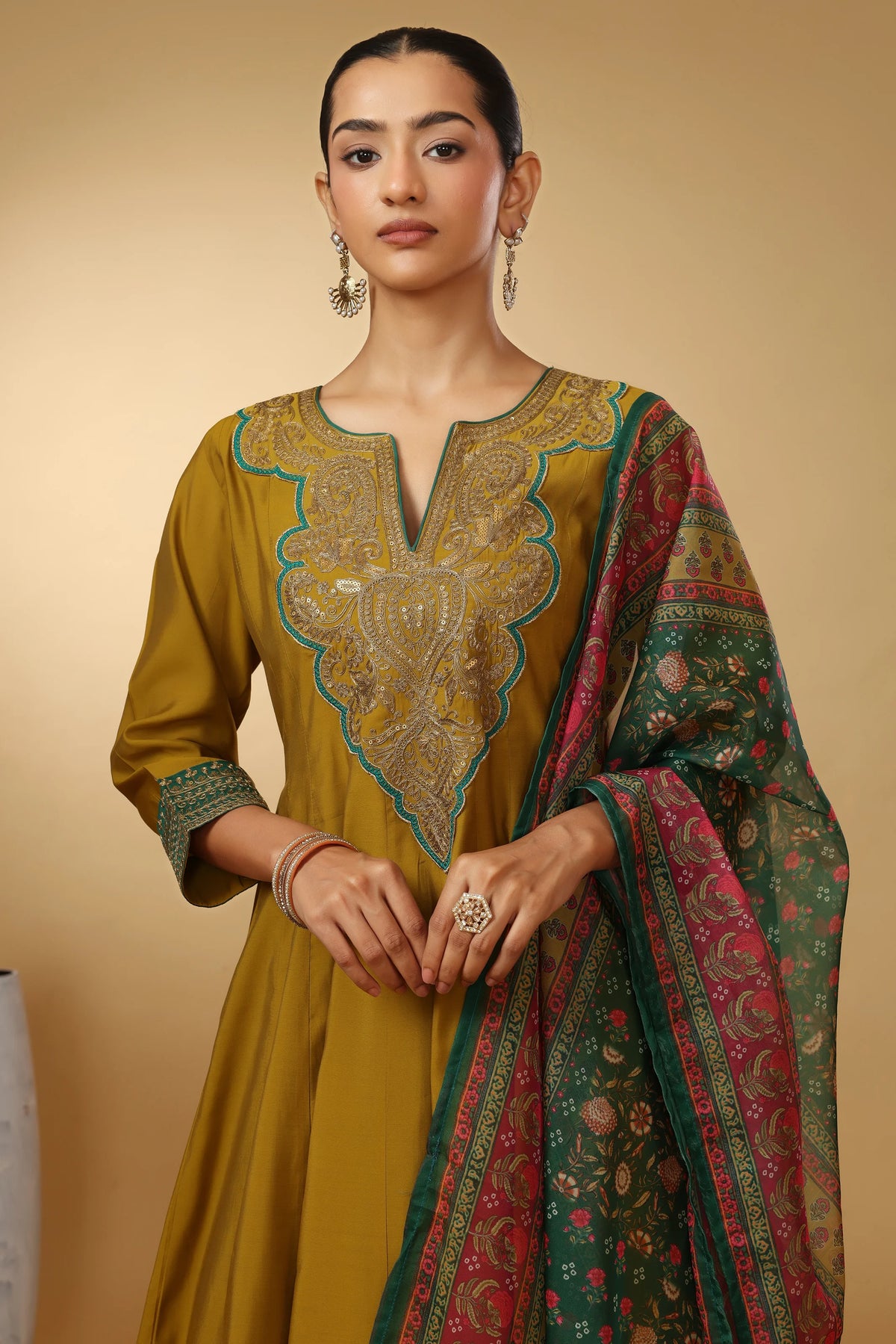 Women Olive Green Embroidered Flared Ethnic Suit Set