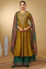 Women Olive Green Embroidered Flared Ethnic Suit Set
