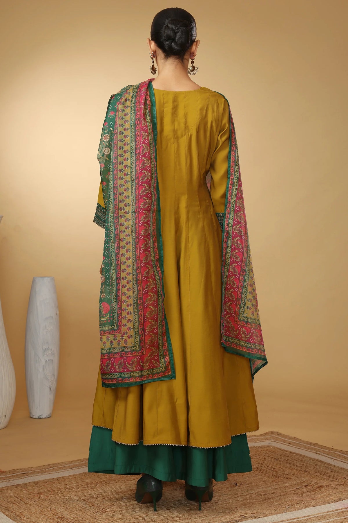 Women Olive Green Embroidered Flared Ethnic Suit Set