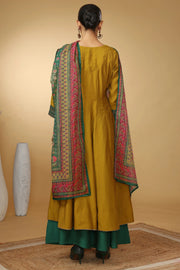 Women Olive Green Embroidered Flared Ethnic Suit Set
