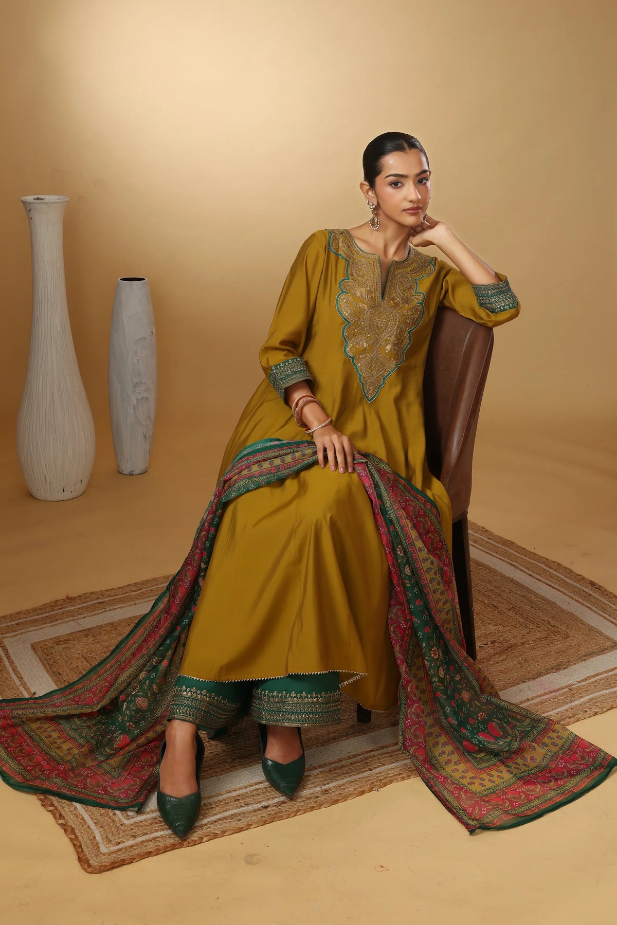Women Olive Green Embroidered Flared Ethnic Suit Set