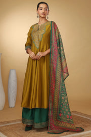 Women Olive Green Embroidered Flared Ethnic Suit Set