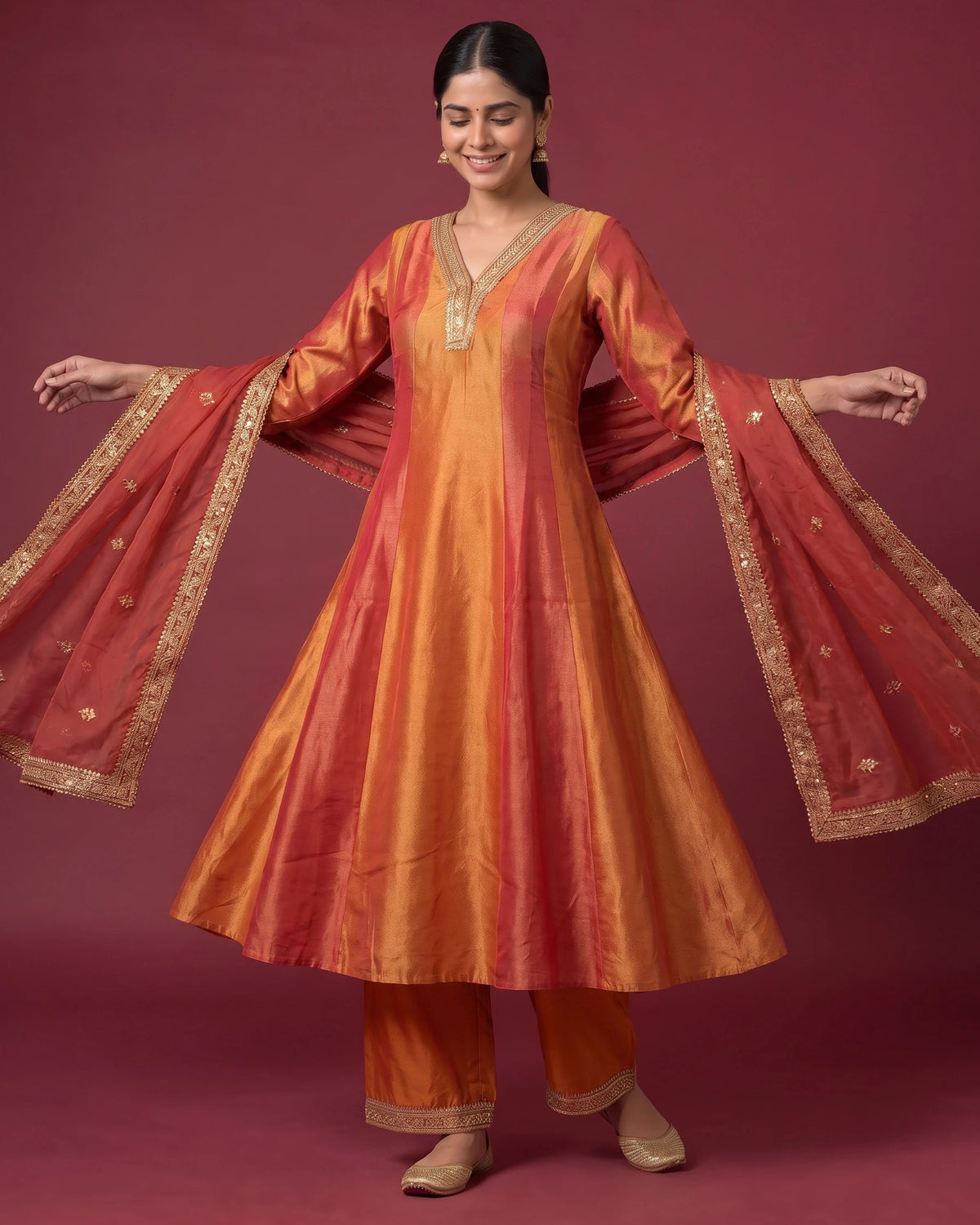 Women Orange Embroidered Flared Ethnic Suit Set