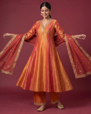 Women Orange Embroidered Flared Ethnic Suit Set