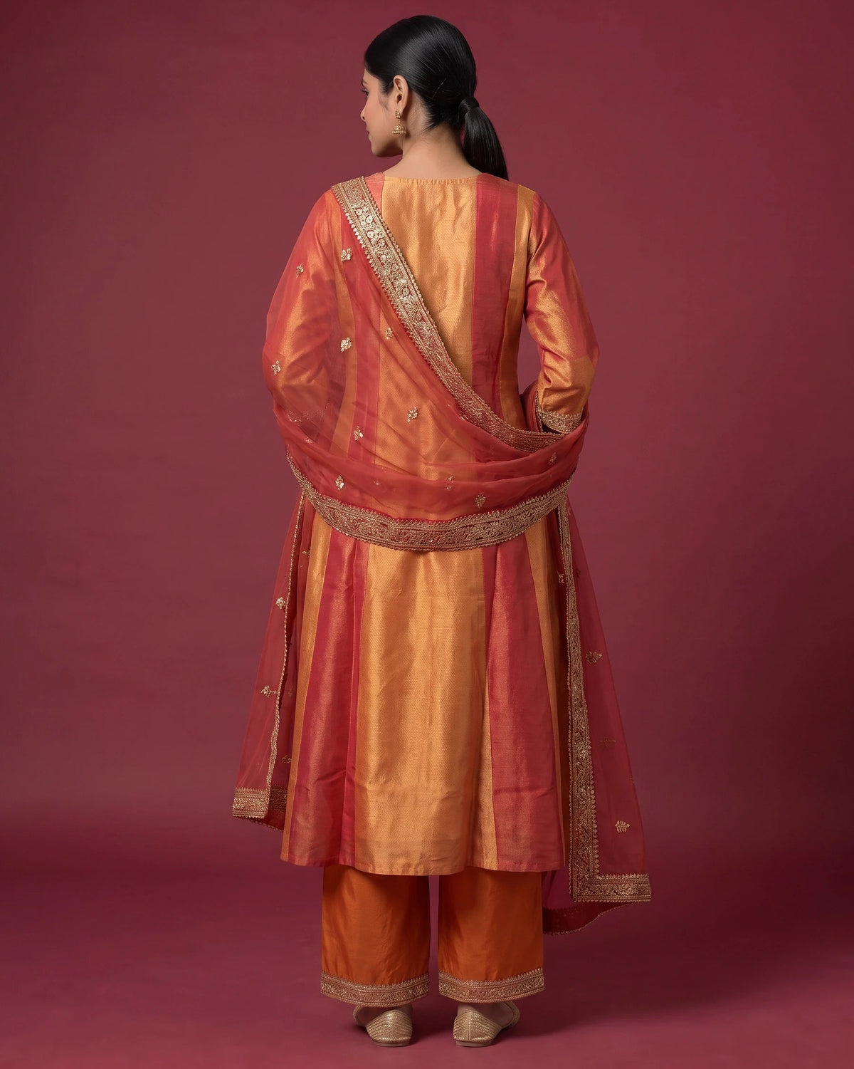 Women Orange Embroidered Flared Ethnic Suit Set