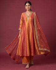 Women Orange Embroidered Flared Ethnic Suit Set