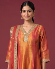 Women Orange Embroidered Flared Ethnic Suit Set