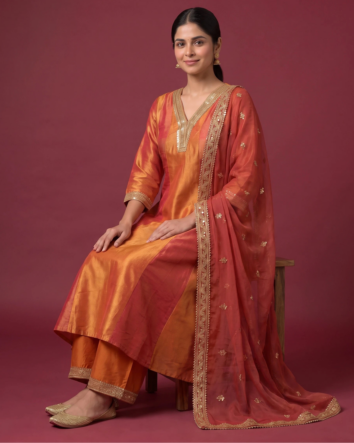 Women Orange Embroidered Flared Ethnic Suit Set