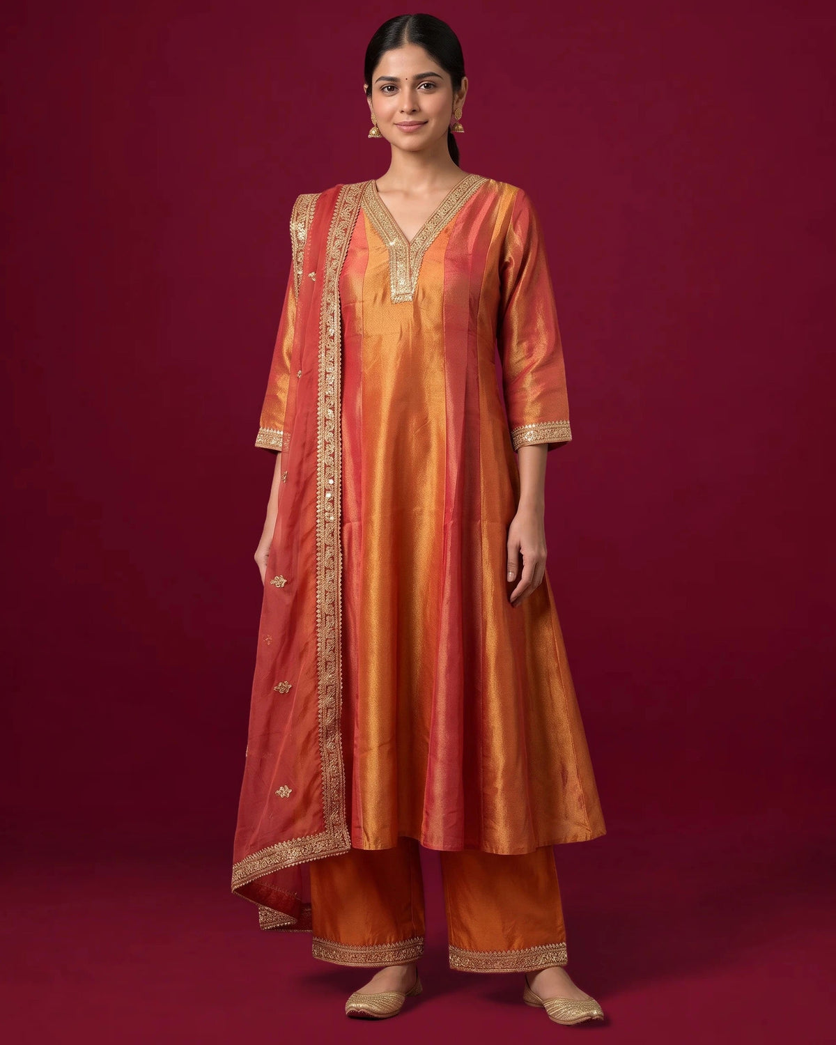 Women Orange Embroidered Flared Ethnic Suit Set