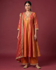 Women Orange Embroidered Flared Ethnic Suit Set