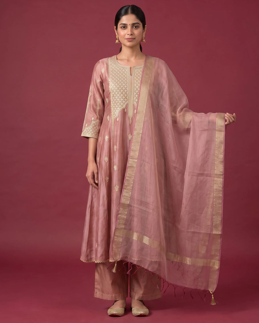 Women Peach Embroidered Flared Ethnic Suit Set