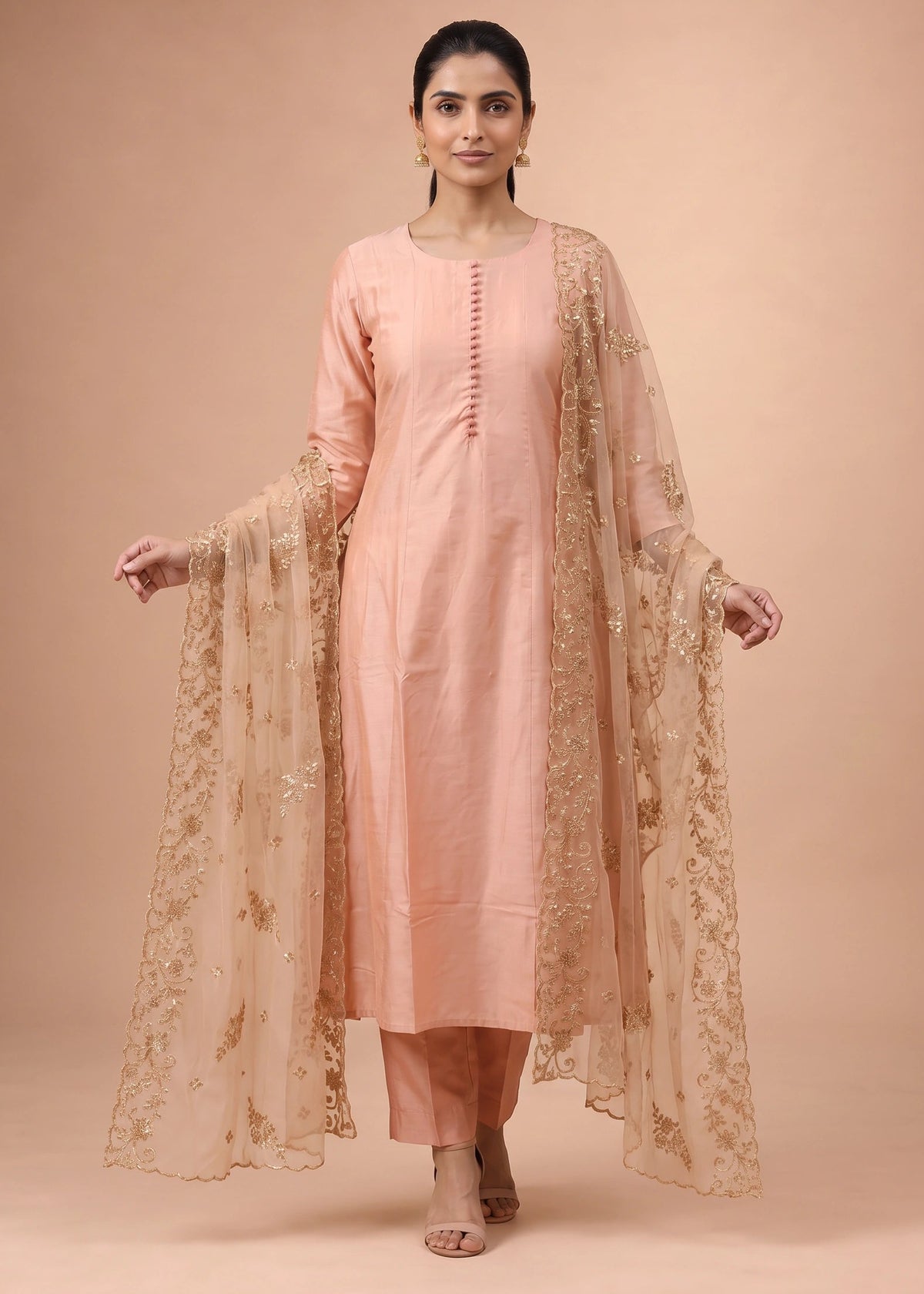 Women Peach Embroidered A-Line Ethnic Suit Set