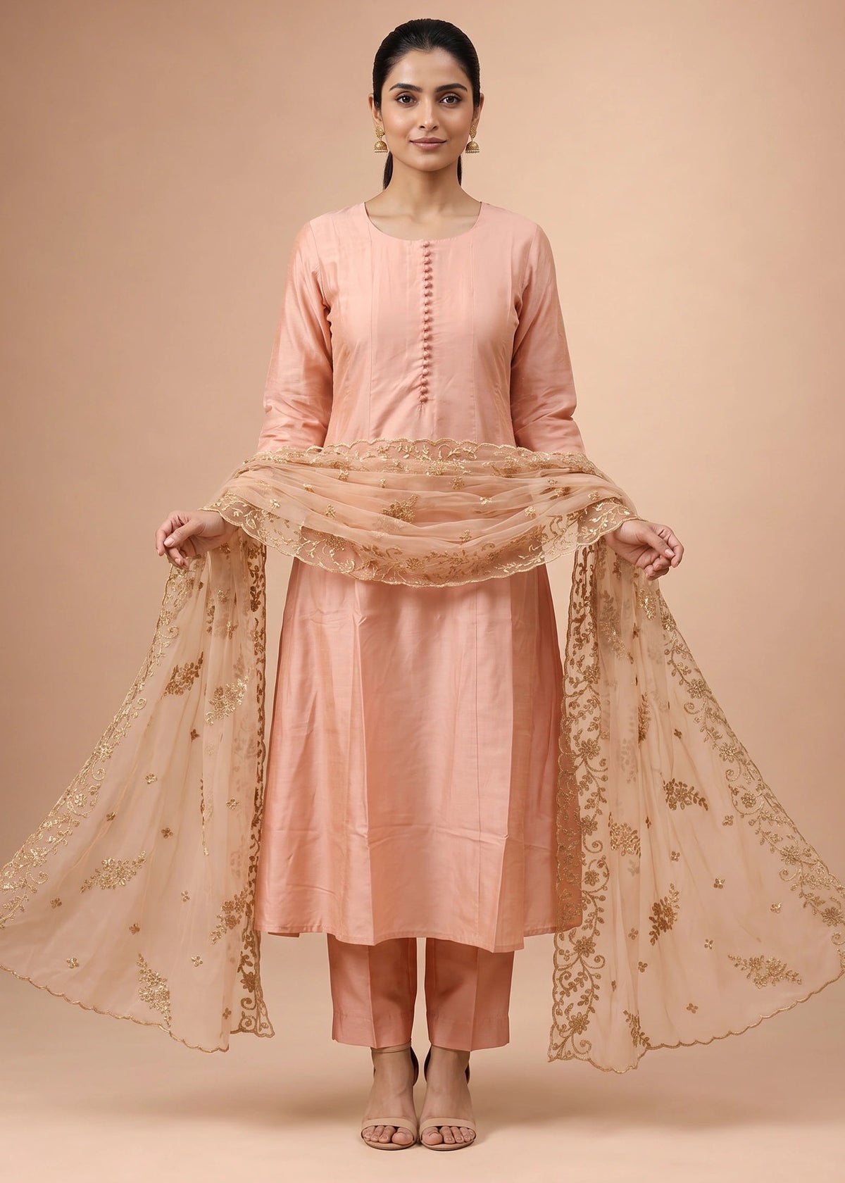 Women Peach Embroidered A-Line Ethnic Suit Set