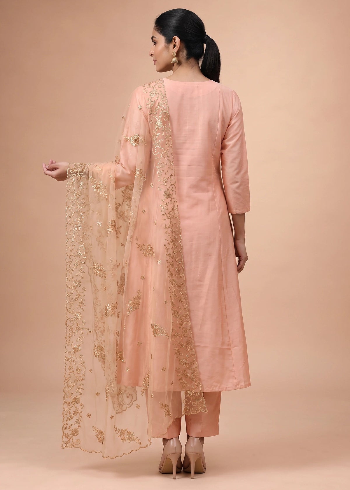 Women Peach Embroidered A-Line Ethnic Suit Set