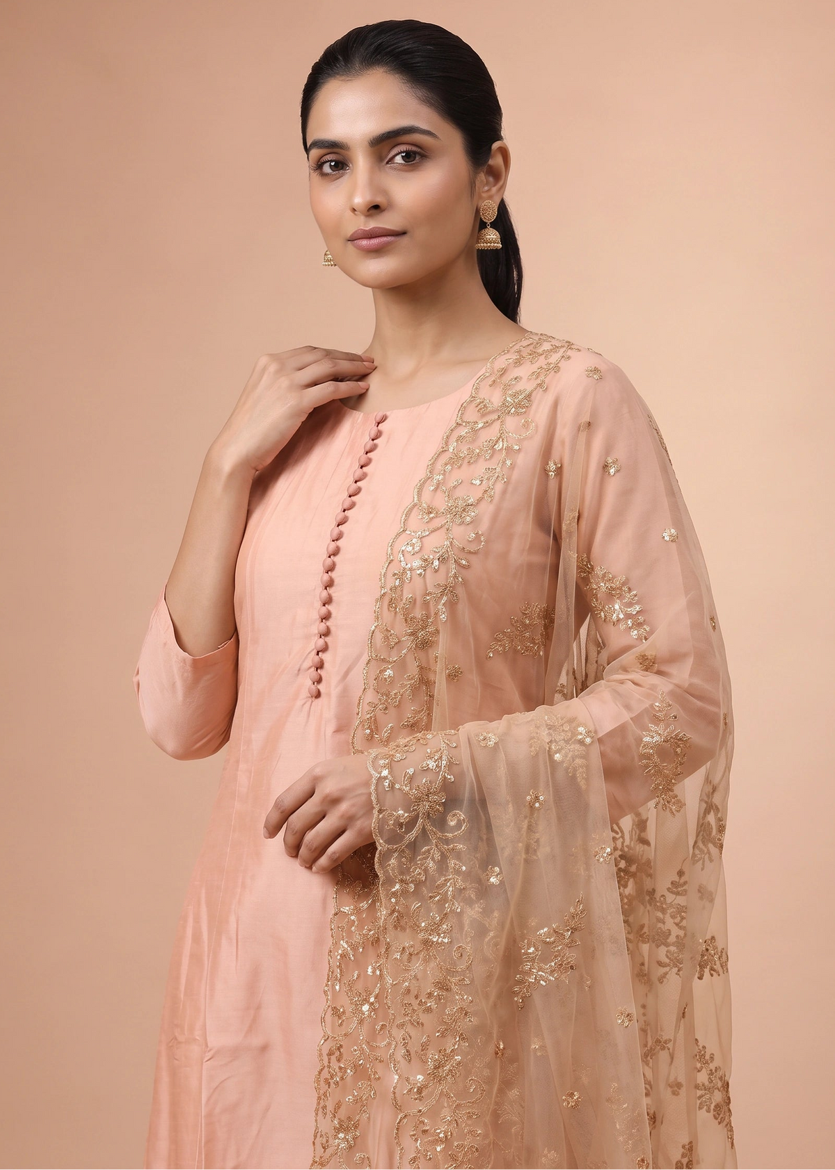 Women Peach Embroidered A-Line Ethnic Suit Set