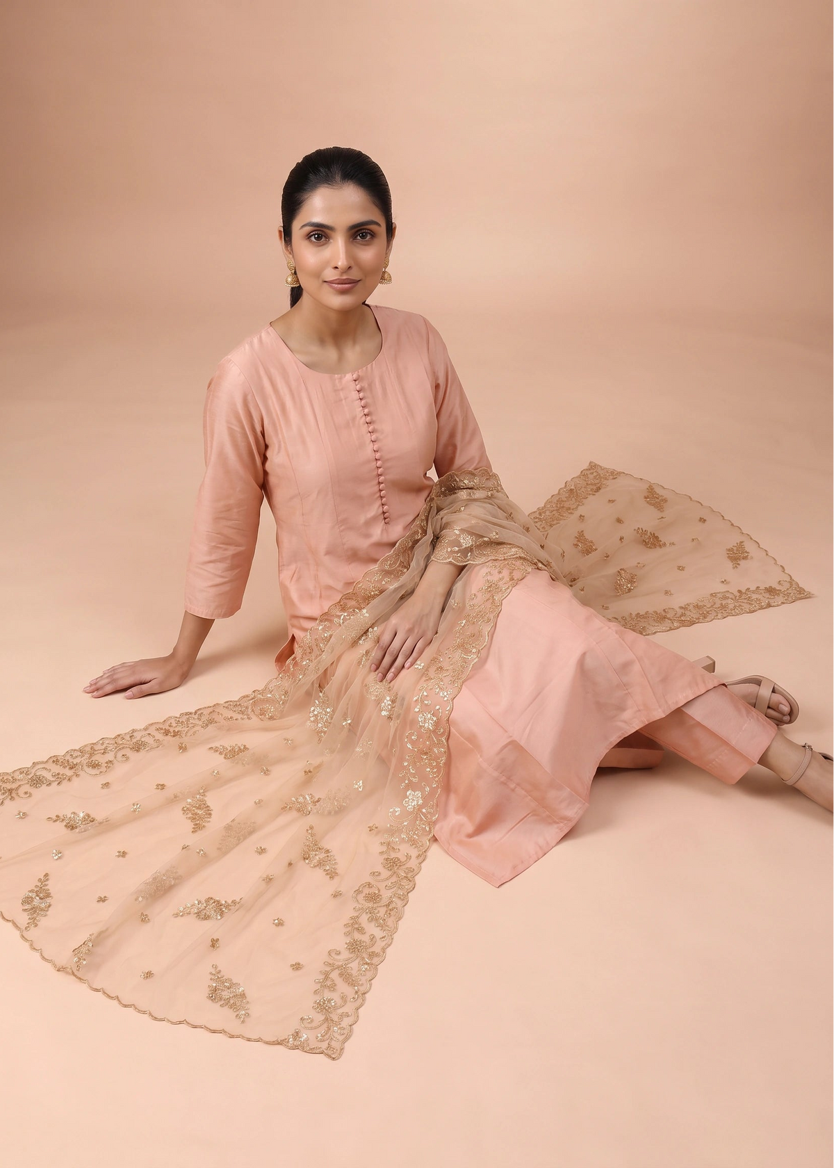 Women Peach Embroidered A-Line Ethnic Suit Set